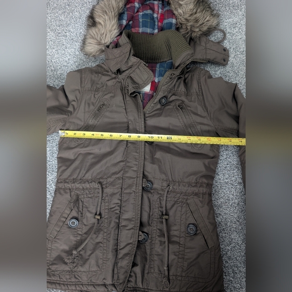 VTG Y2K American Eagle Bomber Jacket Coat Faux Fur Flannel Plaid Lined Womens XS - Picture 10 of 11